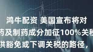 鸿牛配资 美国宣布将对进口专利药及制药成分加征100%关税，同时提供豁免或下调关税的路径，迫使制药企业与白宫就药品价格和产业回流等达成协议